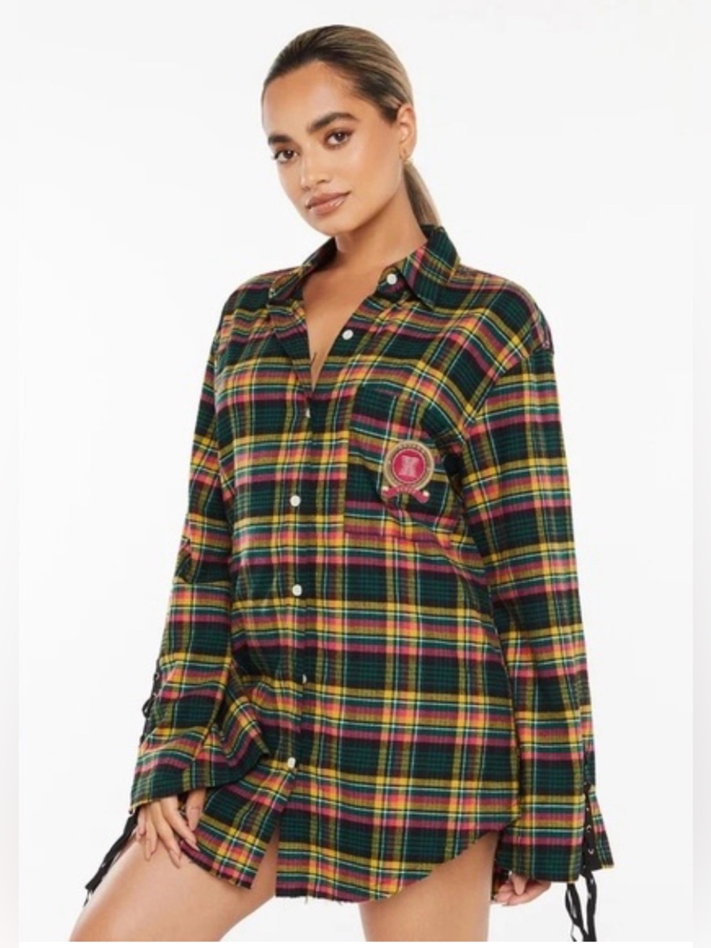 Savage X Fenty Plaid Button-Down sleep shirt womens small